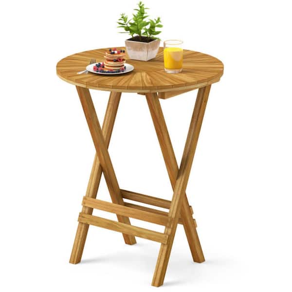 Kadehome 23.5 in. W Round Folding Teak Side Table Slatted Top Bistro Table with X-Base for Patio, Deck or Porch