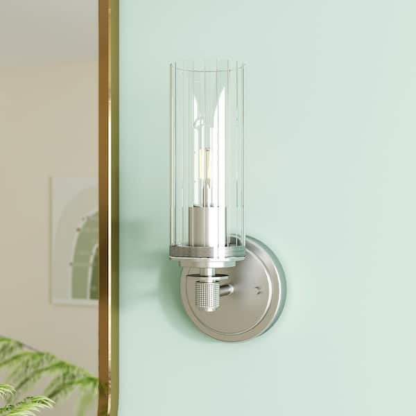 Fremont Farmhouse 1-Light Brushed Gold Dimmable Wall Sconce with Clear Striped Glass Shade