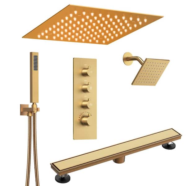 EVERSTEIN 7-Spray Square 12 in. Rain LED Shower System with 6 in. Shower Head Handheld in Brushed Gold 2.5 GPM with Shower Drain