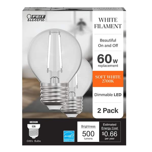 Feit Electric 60-Watt Equivalent G16.5 Dimmable White Filament CEC Clear Glass Globe E26 LED Light Bulb, Soft White 2700K (2-Pack)