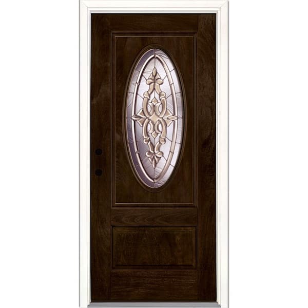 Feather River Doors 37.5 in. x 81.625 in. Silverdale Zinc 3/4 Oval Lite Stained Chestnut Mahogany Right-Hand Fiberglass Prehung Front Door