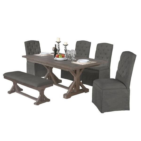Best Quality Furniture Viviana 7-piece Dining Set Gary Linene Fabric Chairs and Bench