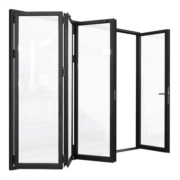 144 in. x 96 in. Matte Black 3 Left 1 Right Out-Swing Thermal Break Aluminum Folding Patio Door with Locks