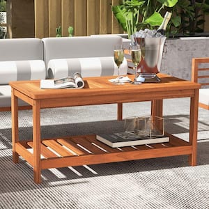 Natural Rectangle Wood Outdoor Coffee Table 2-Tier Patio Side Table Solid Wood Porch