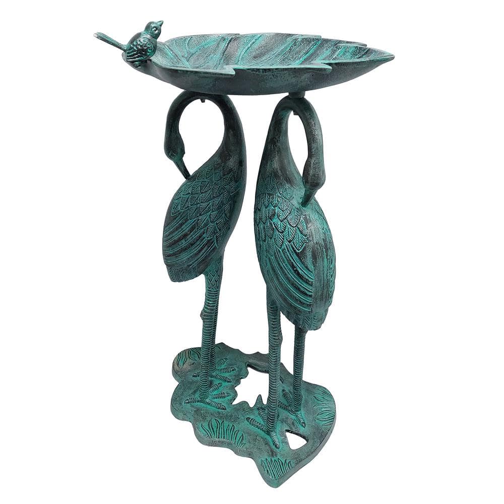 Cast Aluminum Twin Crane Bird Bath with Leaf Bowl in Black Patina