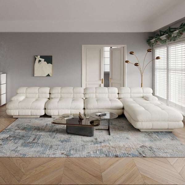 Magic Home Vintage 146 in. Square Arm 4-Piece Velvet Curved Soriana L-Shaped Sectional Sofa in Beige
