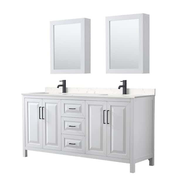 Wyndham Collection Daria 72 in. W x 22 in. D x 35.75 in. H Double Bath Vanity in White with Carrara Cultured Marble Top and Med Cab Mirrors