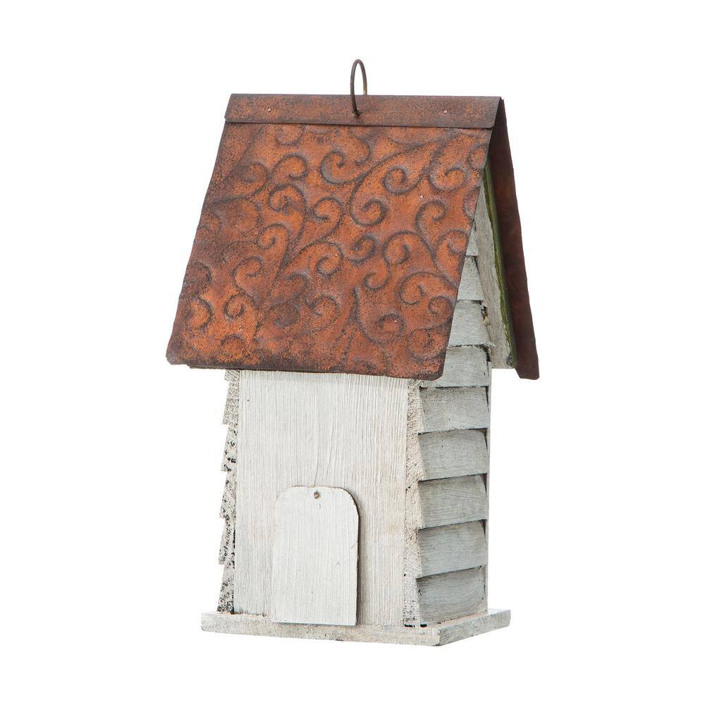 12" Weathered White Solid Wood Cottage Birdhouse with Metal Roof