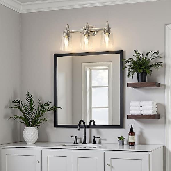 19 in. 3-Light Brushed Nickel Modern Bathroom Vanity Light Mirror Wall Light and Seeded Glass