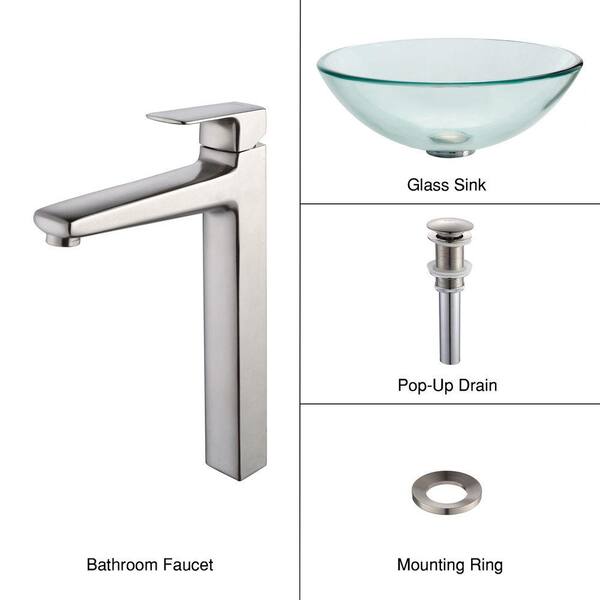 KRAUS Glass Vessel Sink in Clear with Virtus Faucet in Brushed Nickel