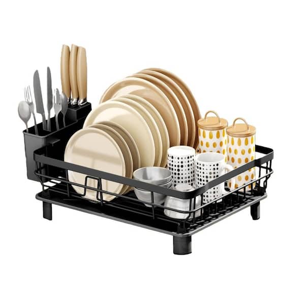 1-Tier Dish Drying Rack with Drainboard and Utensil Holder for Kitchen Organization, Over the Sink, Space Saving, Black
