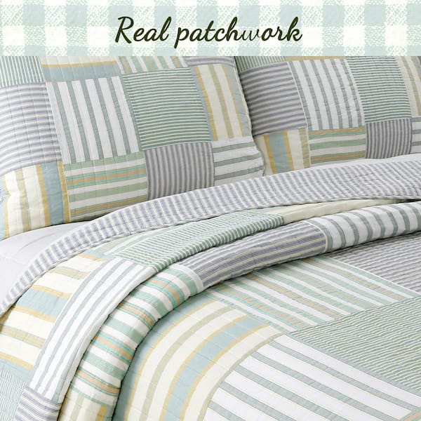 Tranquil Stripes 2-Piece Square Patchwork Green Yellow Blue Cotton Twin  Quilt Bedding Set
