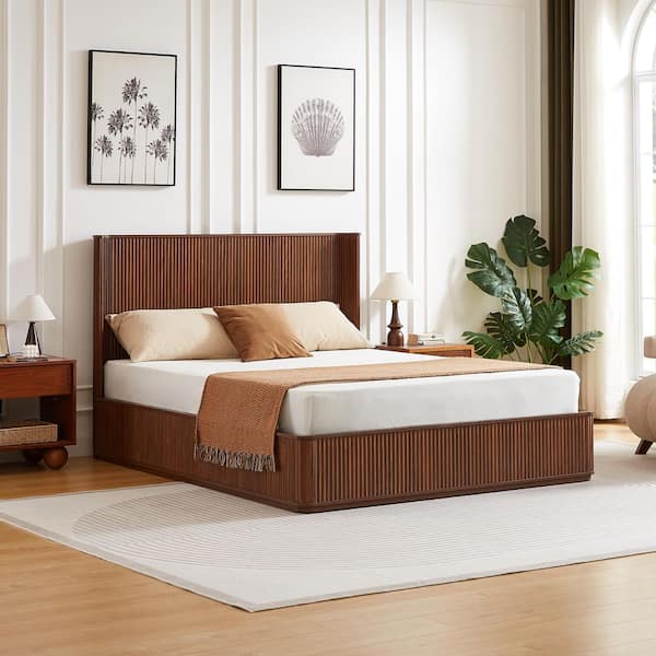 Pavo Modern Brown Walnut Finish Wood Frame Queen Size Platform Bed with Corrugated Wave Curved Headboard