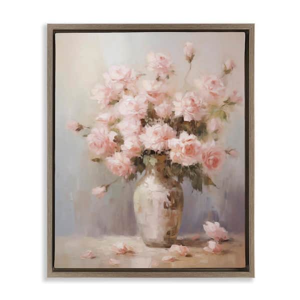 Stupell Industries Dainty Pink Rose Vase by Arlington Prints Brown Floater Frame Nature Graphic Art Print 31 in. x 25 in.