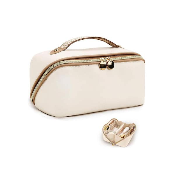 Beige Vegan Leather Makeup Toiletry Bag with Clear Divider and Handle, Travel Cosmetic Organizer for Women