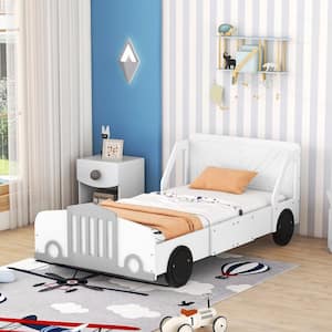White Wood Frame Twin Size Car-Shaped Platform Bed with Wheels, Headboard, Guardrails