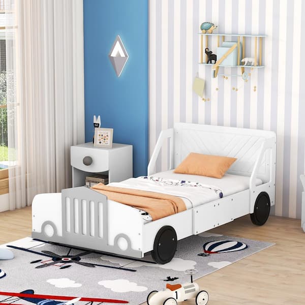 Harper & Bright Designs White Wood Frame Twin Size Car-Shaped Platform Bed with Wheels, Headboard, Guardrails