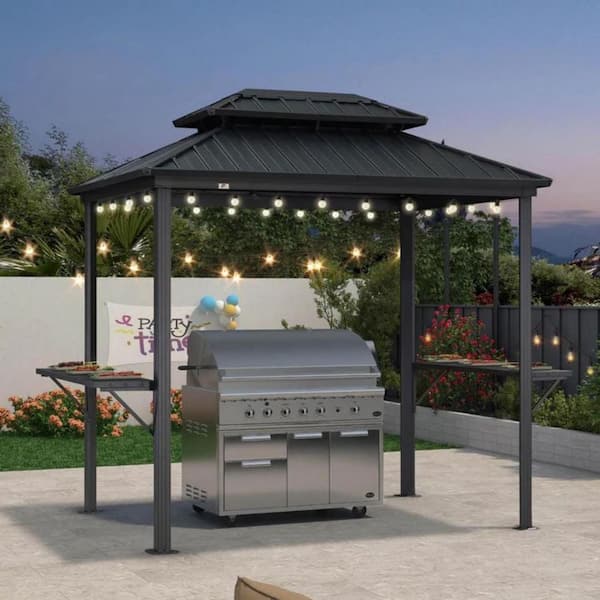 6 ft. x 8 ft. Hardtop Grill Gazebo for Patio Aluminum Barbecue Shelter Gazebo w/Hooks,Shelves Double Tiered 24-Lights