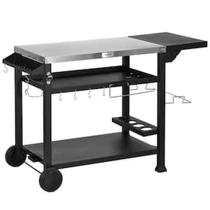 Outdoor Grill Cart Serving Cart with Folding Side Table, Stainless Steel Pizza Oven Stand, Three-Shelf Black for Patio