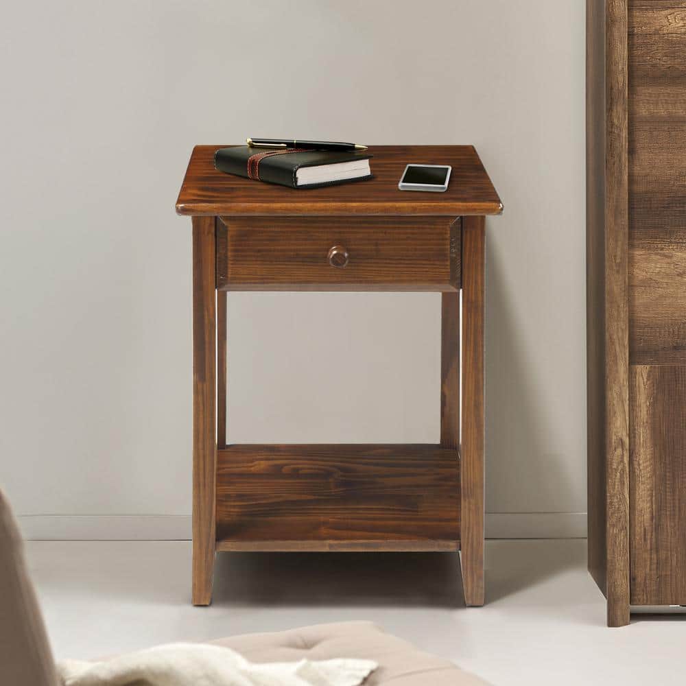 Warm Brown Solid Wood Nightstand with USB Charging Station