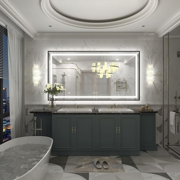 55 in. W x 30 in. H Rectangular Framed Front and Back LED Lighted Anti-Fog Wall Bathroom Vanity Mirror in Tempered Glass