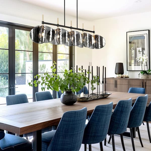 Rajinloosm 53 in. 5-Light Black and Gold Island Chandelier with Handmade Smoky Gray Curved Glass Discs, No Bulb Included