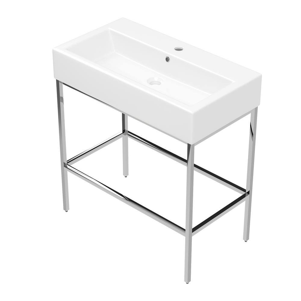 Silver Ceramic Wall-Mount Console Bathroom Sink with Overflow