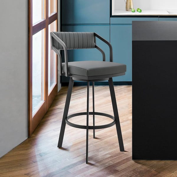 Armen Living Scranton Slate Grey Swivel Modern Metal and Faux Leather Bar and Counter Stool