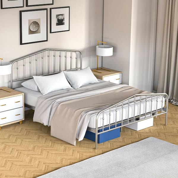 60.5 in. W Silver Queen Size Metal Bed Frame Platform Bed Headboard and Footboard with Storage