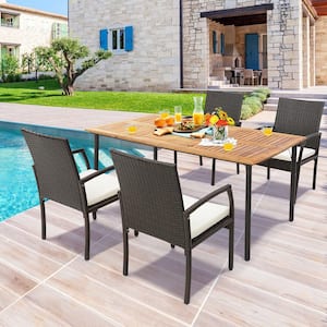 Patio Rectangular Acacia Wood 1.9 in. Outdoor Dining Table with Umbrella Hole Indoor and Outdoor