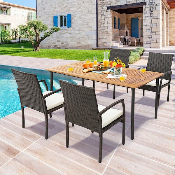 Patio Rectangular Acacia Wood 1.9 in. Outdoor Dining Table with Umbrella Hole Indoor and Outdoor