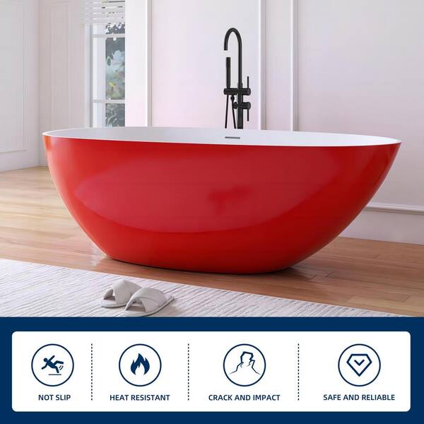 Luna 67 in. x 33.5 in. Stone Resin Solid Surface Flatbottom Freestanding Soaking Bathtub in White Inside and Red Outside
