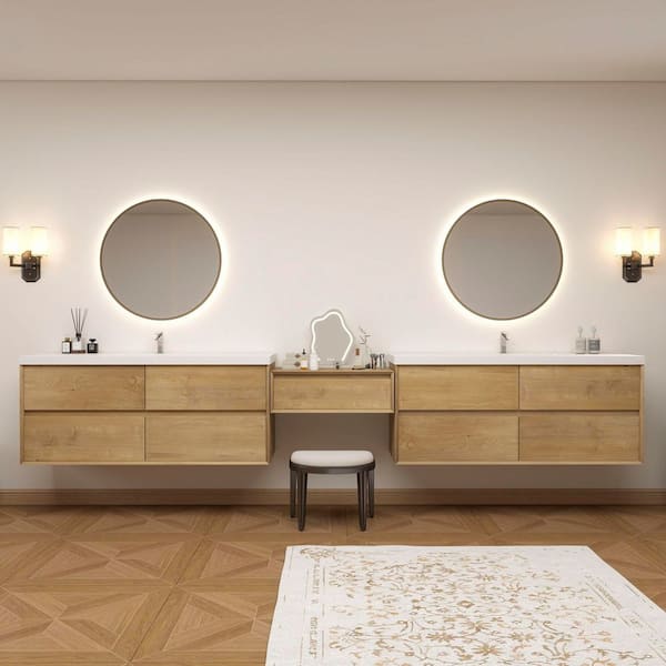 Kingdee 147 in. W x 20 in. D x 26 in. H Double Sink Middle Table Counter Bath Vanity in Teak Oak with White Acrylic Top