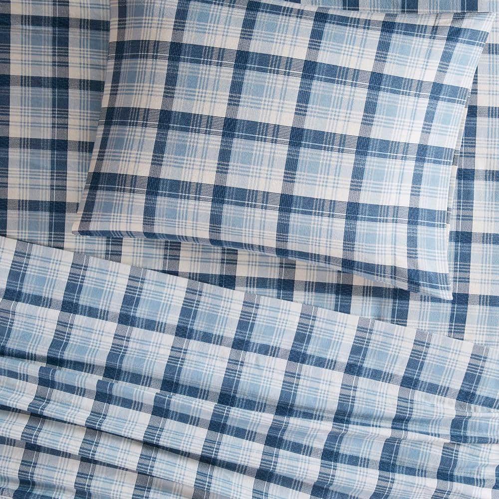 Queen Blue Plaid Cotton Flannel Sheet Set