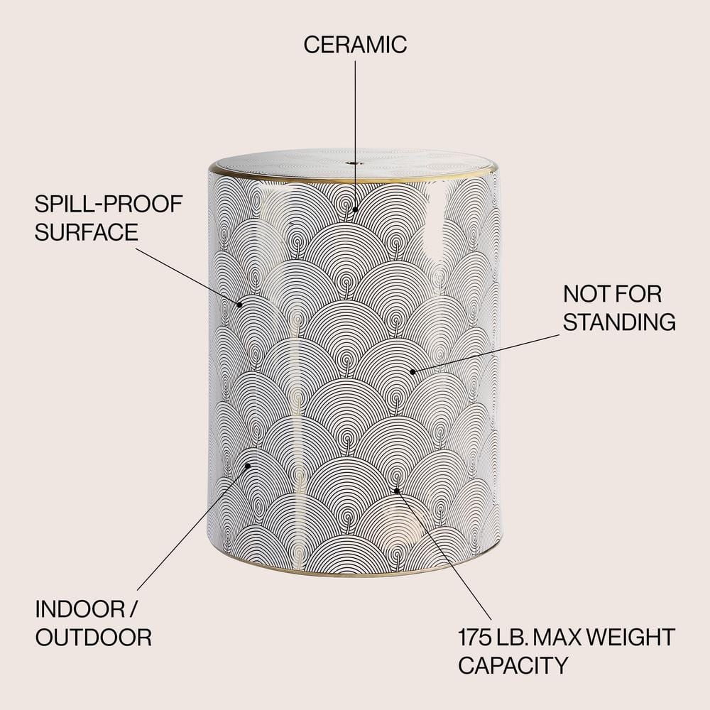 White and Gold Fish Scale Ceramic Garden Stool, 17"