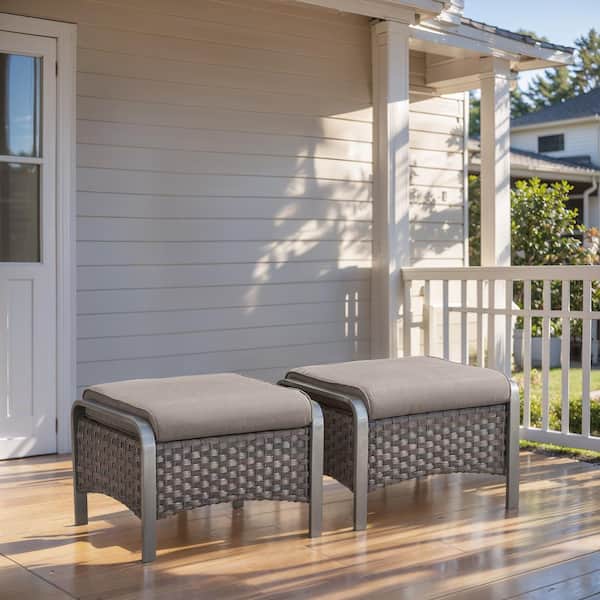 Farmhouse Brown Wicker Outdoor Ottoman with Gray Cushions and Edge Support Design (2-Pack)