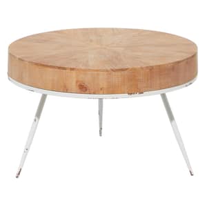 32 in. Brown Medium Round Wood Coffee Table with White Distressed Tripod Legs