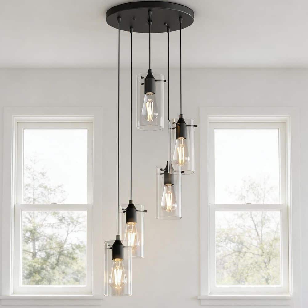 14 in. 5-Light Matte Black Vintage Cluster Pendant Light Fixture with Large Clear Glass for Dining Table price history on PriceWatchPro