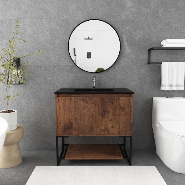 Unbranded Allen 36 in. W x 19 in. D x 33.5 in. H Freestanding Bathroom Vanity in Rose Wood with Black Solid Surface Top