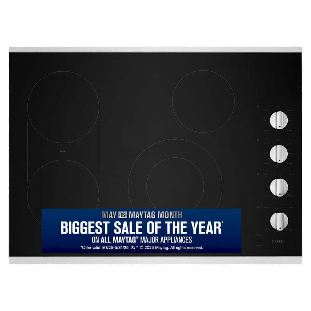 30 in. Radiant Electric Cooktop in Stainless Steel with 4 Burner Elements and Reversible Grill, Griddle