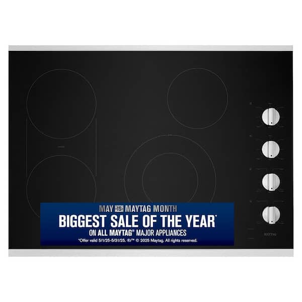 Maytag 30 in. Radiant Electric Cooktop in Stainless Steel with 4 Burner Elements and Reversible Grill, Griddle