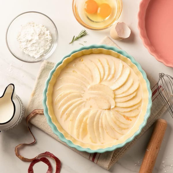 1-Piece Round Ceramic Pie Dish Nonstick Baking Pan Set with Corrugated Edge for Quiche Pizza and Desserts