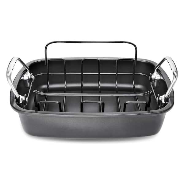 Dark Grey Carbon Steel Nonstick Roasting Pan with Rack for Oven, Large Roaster Pan with Handles, 1 Piece