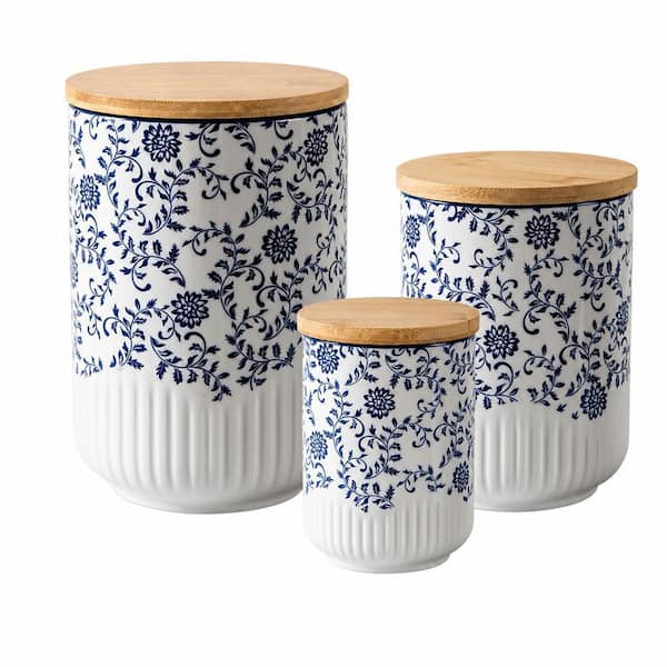3-Piece Ceramic Kitchen Canisters Sets with Airtight Wood Lids, Flour and Sugar Containers, Easy to Clean and Use