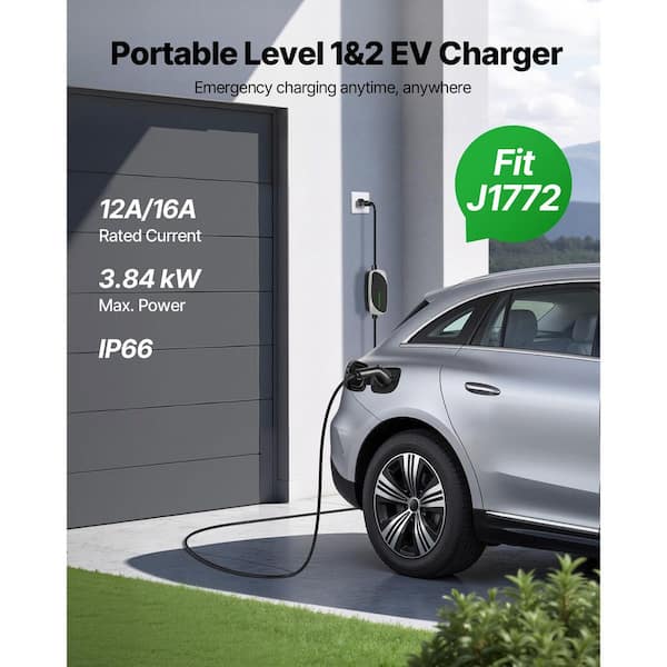 ADPOW WMPHE 16A Portable EV Charger – 25ft Cable, NEMA 6-20, J1772, Level 2