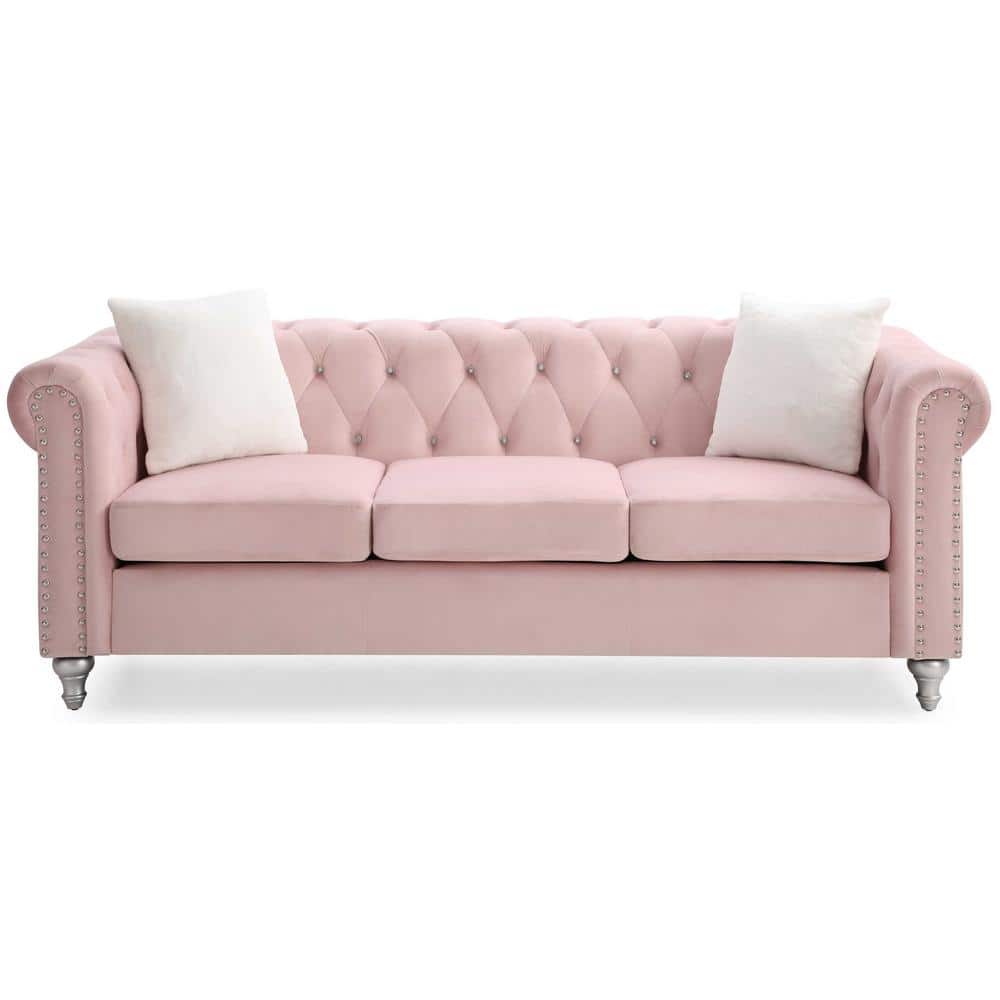 Raisa 83 in. Pink Round Arm Straight Velvet 3-Seater Sofa with 2-Throw Pill