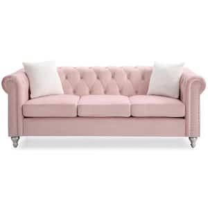 Raisa 83 in. Pink Round Arm Straight Velvet 3-Seater Sofa with 2-Throw Pillow