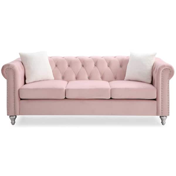 AndMakers Raisa 83 in. Pink Round Arm Straight Velvet 3-Seater Sofa with 2-Throw Pillow