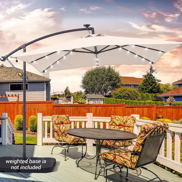 8.2 ft. Square Outdoor Cantilever Solar 32-LED Lights Patio Umbrella Hanging Lighted Umbrella in Beige