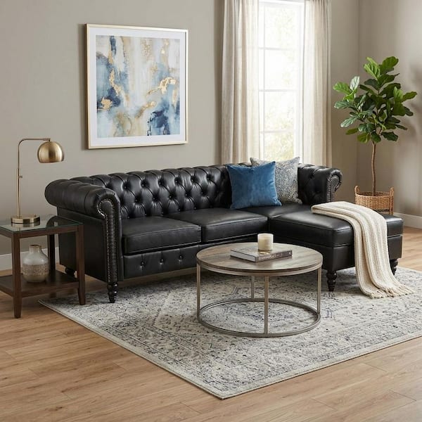 85 in. Faux Leather L-Shaped Sectional Sofa with Storage Ottoman, Tufted Back in Black